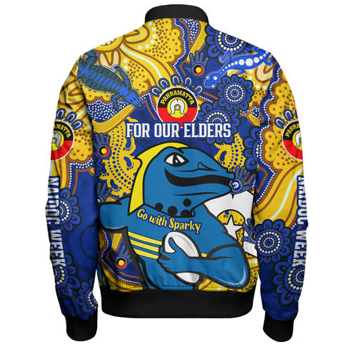 Parramatta Eels Naidoc Week Custom Bomber Jacket - For Our Elders Go With Sparky Bomber Jacket Parramatta Eels Naidoc Week Custom Bomber Jacket - For Our Elders Go With Sparky Bomber Jacket
