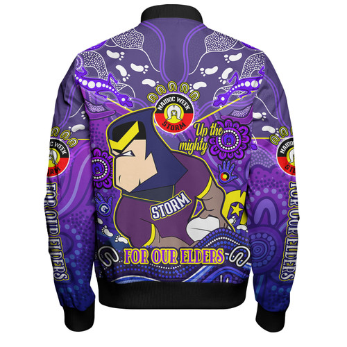 Melbourne Storm Naidoc Week Custom Bomber Jacket - For Our Elders Home Jersey Bomber Jacket Melbourne Storm Naidoc Week Custom Bomber Jacket - For Our Elders Home Jersey Bomber Jacket