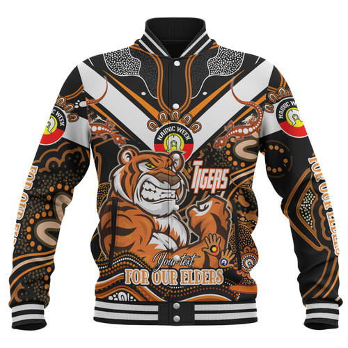 Wests Tigers Naidoc Week Custom Baseball Jacket - For Our Elders Home Jersey Jacket Wests Tigers Naidoc Week Custom Baseball Jacket - For Our Elders Home Jersey Jacket