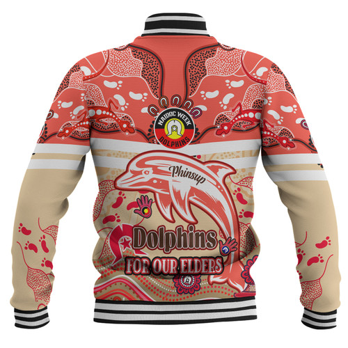 Redcliffe Dolphins Naidoc Week Custom Baseball Jacket - For Our Elders Home Jersey Jacket Redcliffe Dolphins Naidoc Week Custom Baseball Jacket - For Our Elders Home Jersey Jacket