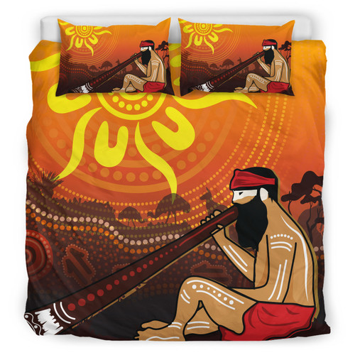 Australia Aboriginal Inspired Bedding Set Man Playing A Didgeridoo Landscape With Uluru Sunset