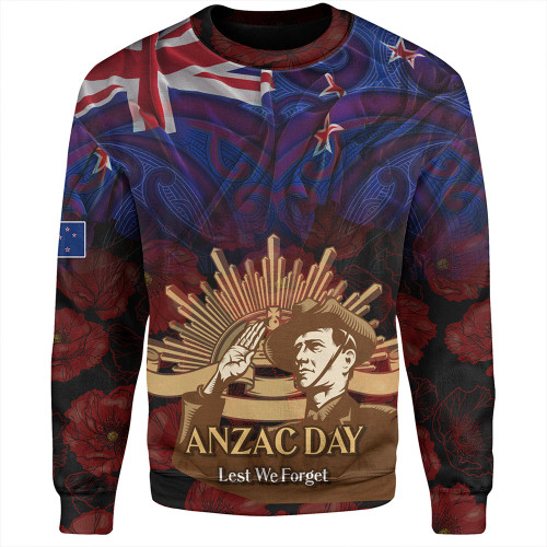 New Zealand Anzac Day Custom Sweatshirt - Soldier Maori Patterns Sweatshirt