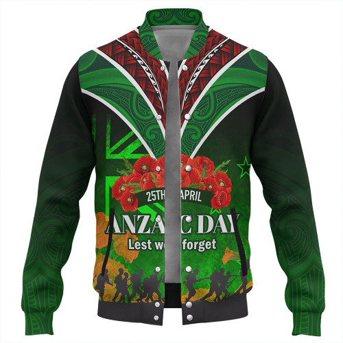 New Zealand Anzac Day Custom Baseball Jacket - Anzac Day NZ Flag Traditional Maori Patterns Baseball Jacket