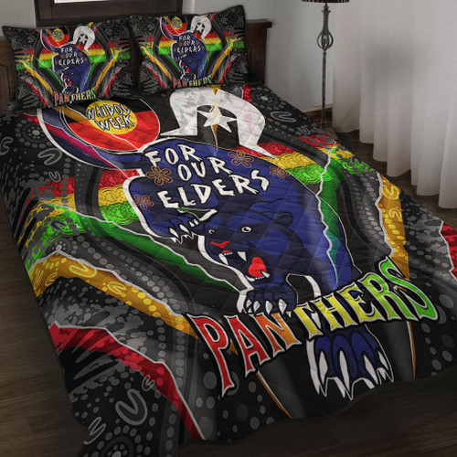 Penrith Panthers Naidoc Week Custom Quilt Bed Set - Penrith Panthers Naidoc Week For Our Elders Australian Indigenous Dot Art Quilt Bed Set