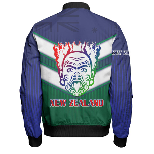 New Zealand Sport Bomber Jacket - Maori Face With NZ Flag Bomber Jacket New Zealand Sport Bomber Jacket - Maori Face With NZ Flag Bomber Jacket