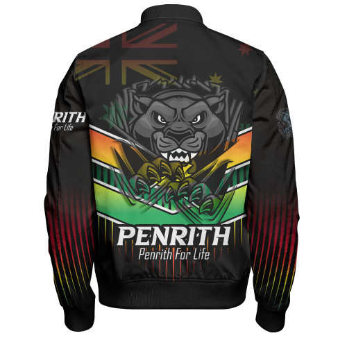 Penrith Panthers Bomber Jacket - Panthers Mascot With Australia Flag Penrith Panthers Bomber Jacket - Panthers Mascot With Australia Flag