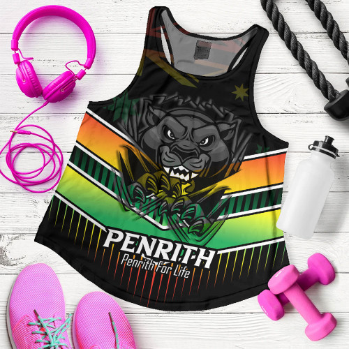 Penrith Panthers Women's Racerback Tank - Panthers Mascot With Australia Flag