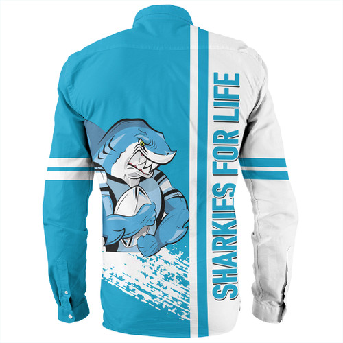 Cronulla-Sutherland Sharks Long Sleeve Shirt - Sharks Mascot Quater Style Cronulla-Sutherland Sharks Long Sleeve Shirt - Sharks Mascot Quater Style