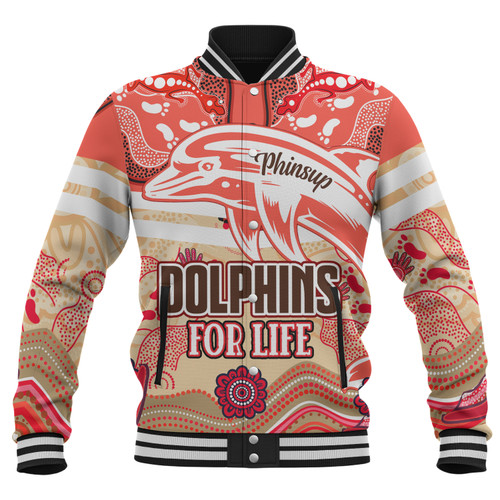 Redcliffe Dolphins Custom Baseball Jacket - Redcliffe Dolphins For Life With Aboriginal Style Baseball Jacket