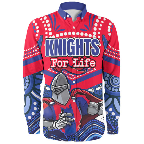 Newcastle Knights Custom Long Sleeve Shirt - Knights For Life With Aboriginal Style Long Sleeve Shirt