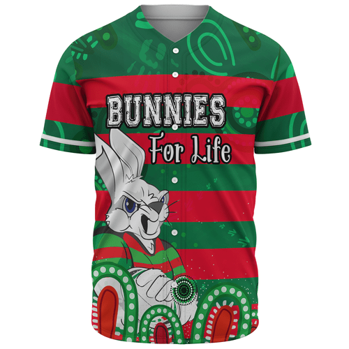 Souths Custom Baseball Shirt - Bunnies For Life With Aboriginal Style Baseball Shirt