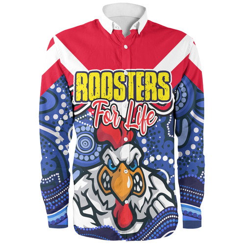 Sydney Roosters Custom Long Sleeve Shirt - Sydney Roosters For Life With Aboriginal Style Long Sleeve Shirt