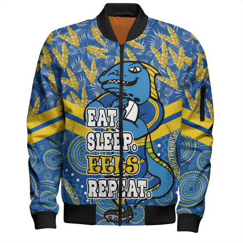 Parramatta Eels Sport Bomber Jacket - Tropical Patterns And Dot Painting Eat Sleep Rugby Repeat
