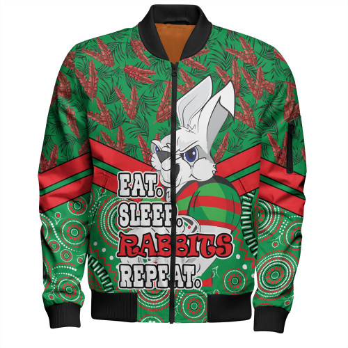 South Sydney Rabbitohs Bomber Jacket - Tropical Patterns And Dot Painting Eat Sleep Rugby Repeat
