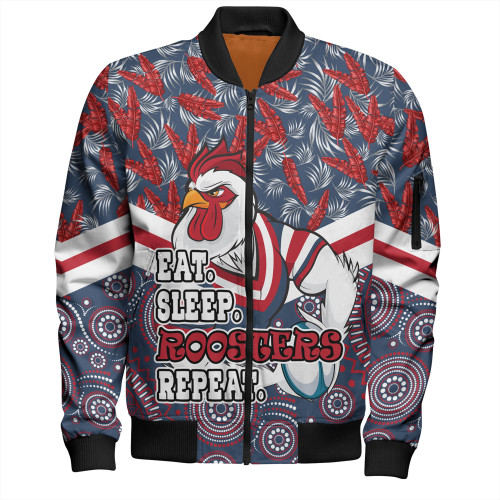 Sydney Roosters Bomber Jacket - Tropical Patterns And Dot Painting Eat Sleep Rugby Repeat