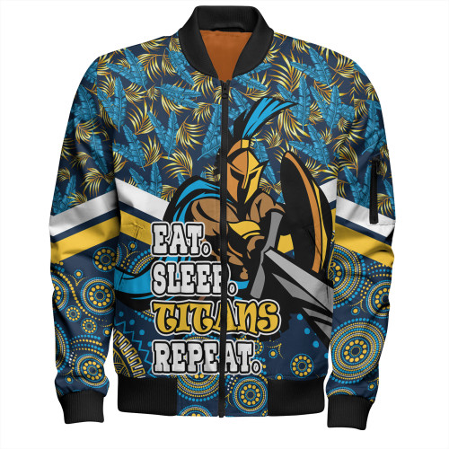 Gold Coast Titans Sport Bomber Jacket - Tropical Patterns And Dot Painting Eat Sleep Rugby Repeat