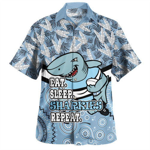 Cronulla-Sutherland Sharks Hawaiian Shirt - Tropical Patterns And Dot Painting Eat Sleep Rugby Repeat