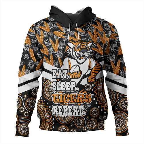 Wests Tigers Hoodie - Tropical Patterns And Dot Painting Eat Sleep Rugby Repeat