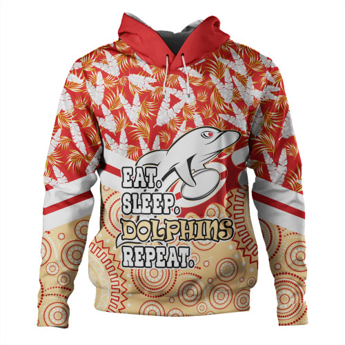 Redcliffe Dolphins Hoodie - Tropical Patterns And Dot Painting Eat Sleep Rugby Repeat