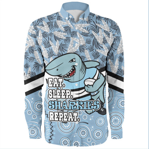 Cronulla-Sutherland Sharks Long Sleeve Shirt - Tropical Patterns And Dot Painting Eat Sleep Rugby Repeat