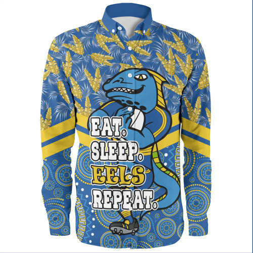 Parramatta Eels Sport Long Sleeve Shirt - Tropical Patterns And Dot Painting Eat Sleep Rugby Repeat