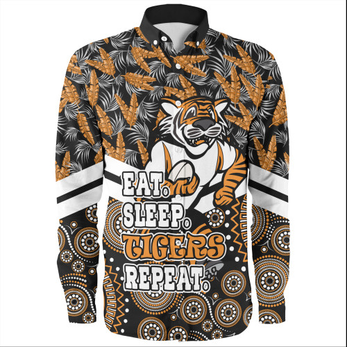 Wests Tigers Long Sleeve Shirt - Tropical Patterns And Dot Painting Eat Sleep Rugby Repeat