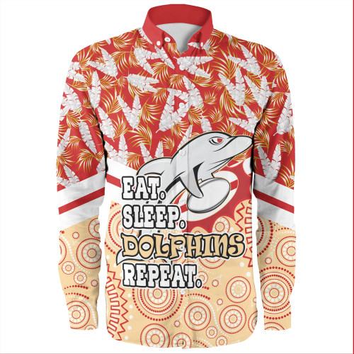 Redcliffe Dolphins Long Sleeve Shirt - Tropical Patterns And Dot Painting Eat Sleep Rugby Repeat