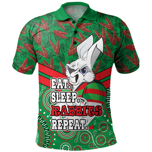 South Sydney Rabbitohs Polo Shirt - Tropical Patterns And Dot Painting Eat Sleep Rugby Repeat