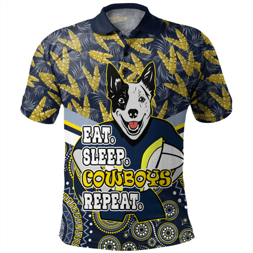 North Queensland Cowboys Polo Shirt - Tropical Patterns And Dot Painting Eat Sleep Rugby Repeat