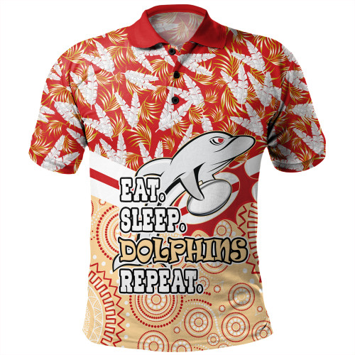 Redcliffe Dolphins Polo Shirt - Tropical Patterns And Dot Painting Eat Sleep Rugby Repeat