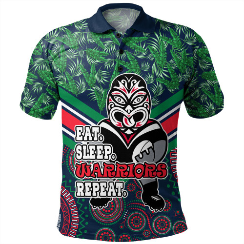 New Zealand Warriors Sport Polo Shirt - Tropical Patterns And Dot Painting Eat Sleep Rugby Repeat