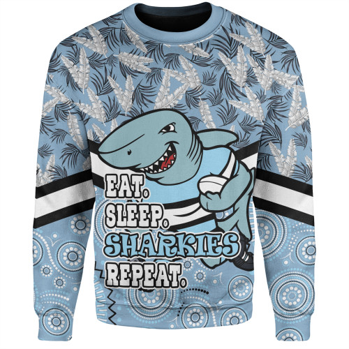 Cronulla-Sutherland Sharks Sweatshirt - Tropical Patterns And Dot Painting Eat Sleep Rugby Repeat