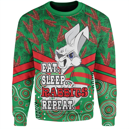 South Sydney Rabbitohs Sweatshirt - Tropical Patterns And Dot Painting Eat Sleep Rugby Repeat