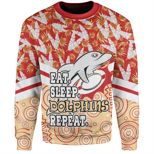 Redcliffe Dolphins Sweatshirt - Tropical Patterns And Dot Painting Eat Sleep Rugby Repeat