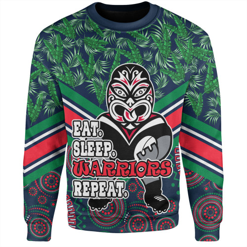 New Zealand Warriors Sport Sweatshirt - Tropical Patterns And Dot Painting Eat Sleep Rugby Repeat