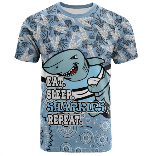 Cronulla-Sutherland Sharks T-Shirt - Tropical Patterns And Dot Painting Eat Sleep Rugby Repeat