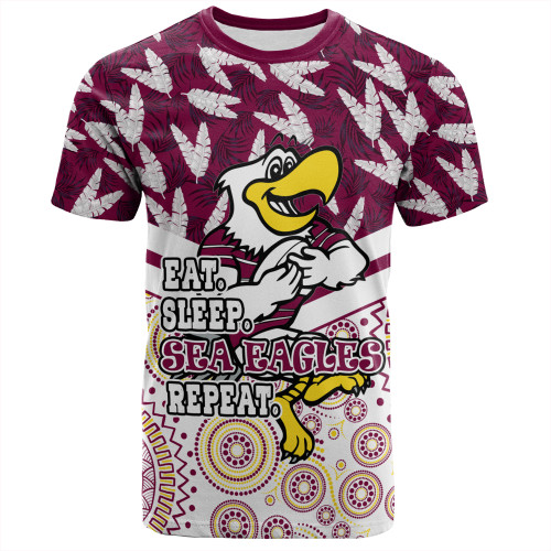 Manly Warringah Sea Eagles T-Shirt - Tropical Patterns And Dot Painting Eat Sleep Rugby Repeat