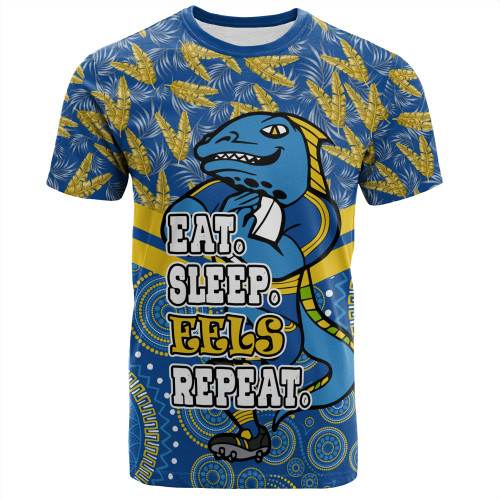 Parramatta Eels Sport T-Shirt - Tropical Patterns And Dot Painting Eat Sleep Rugby Repeat
