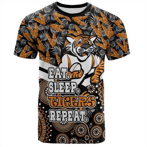 Wests Tigers T-Shirt - Tropical Patterns And Dot Painting Eat Sleep Rugby Repeat