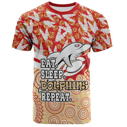 Redcliffe Dolphins T-Shirt - Tropical Patterns And Dot Painting Eat Sleep Rugby Repeat