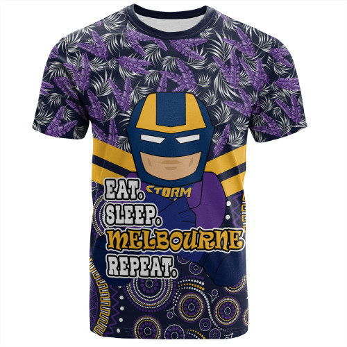 Melbourne Storm T-Shirt - Tropical Patterns And Dot Painting Eat Sleep Rugby Repeat