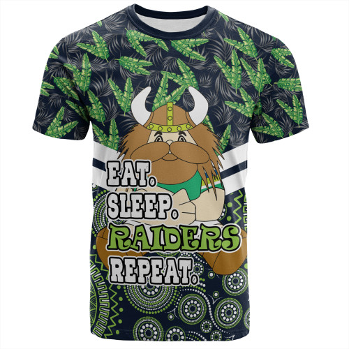 Canberra Raiders T-Shirt - Tropical Patterns And Dot Painting Eat Sleep Rugby Repeat