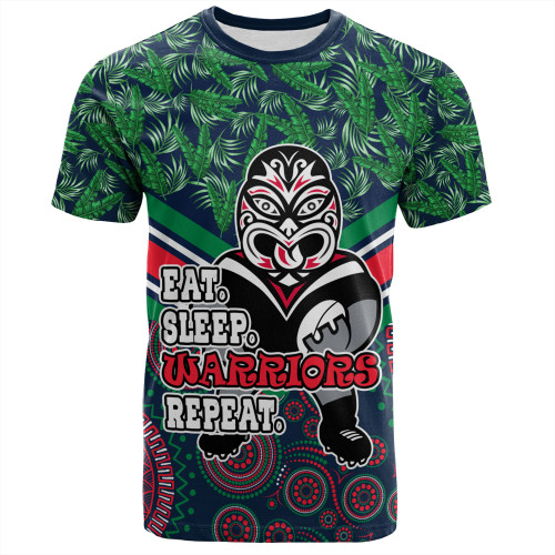 New Zealand Warriors Sport T-Shirt - Tropical Patterns And Dot Painting Eat Sleep Rugby Repeat