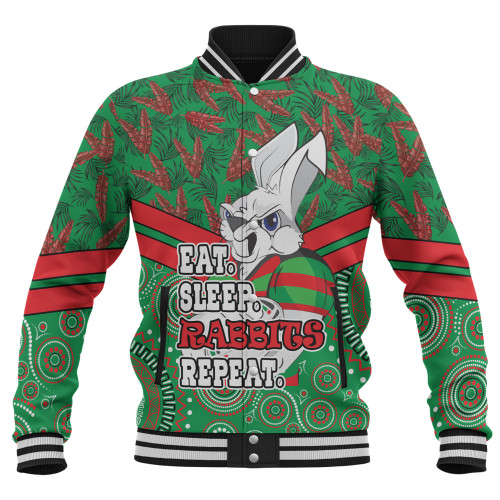 South Sydney Rabbitohs Baseball Jacket - Tropical Patterns And Dot Painting Eat Sleep Rugby Repeat