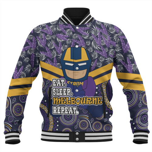 Melbourne Storm Baseball Jacket - Tropical Patterns And Dot Painting Eat Sleep Rugby Repeat
