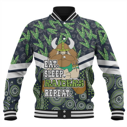 Canberra Raiders Baseball Jacket - Tropical Patterns And Dot Painting Eat Sleep Rugby Repeat