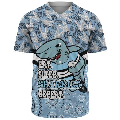 Cronulla-Sutherland Sharks Baseball Shirt - Tropical Patterns And Dot Painting Eat Sleep Rugby Repeat