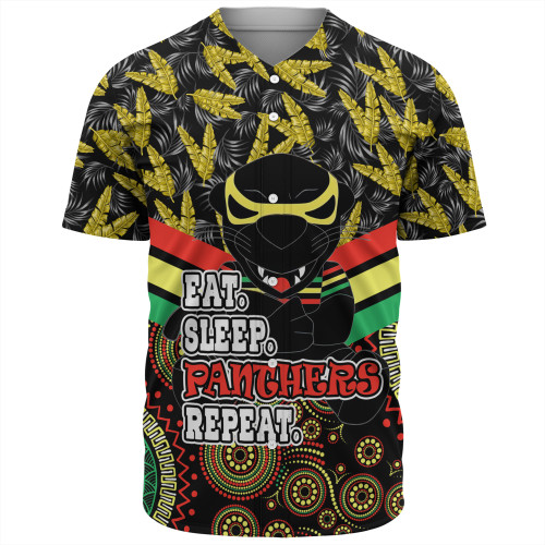 Penrith Panthers Baseball Shirt - Tropical Patterns And Dot Painting Eat Sleep Rugby Repeat