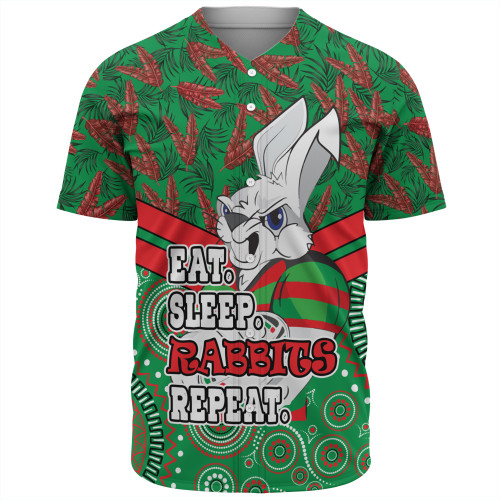 South Sydney Rabbitohs Baseball Shirt - Tropical Patterns And Dot Painting Eat Sleep Rugby Repeat