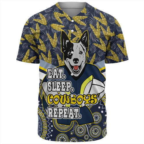 North Queensland Cowboys Baseball Shirt - Tropical Patterns And Dot Painting Eat Sleep Rugby Repeat